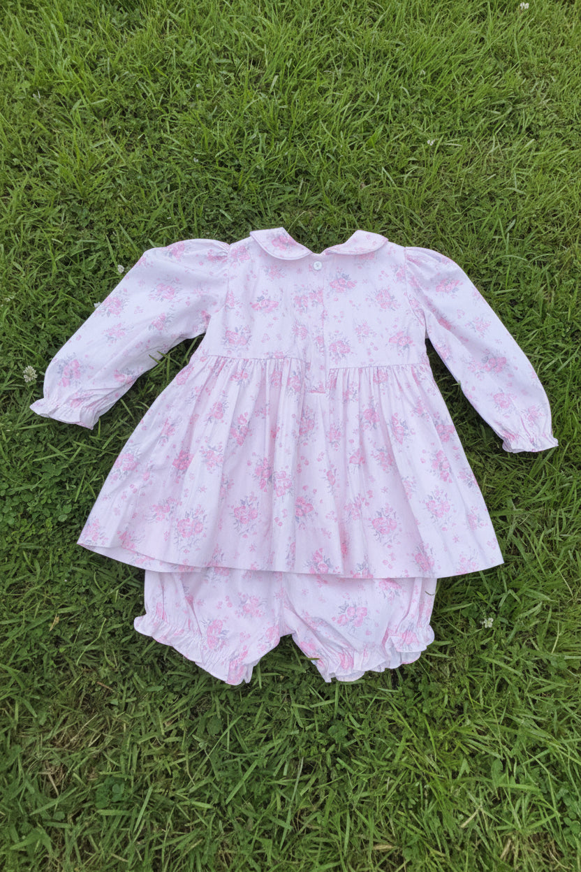 Pink Floral Bow Hand-Smocked Dress Set