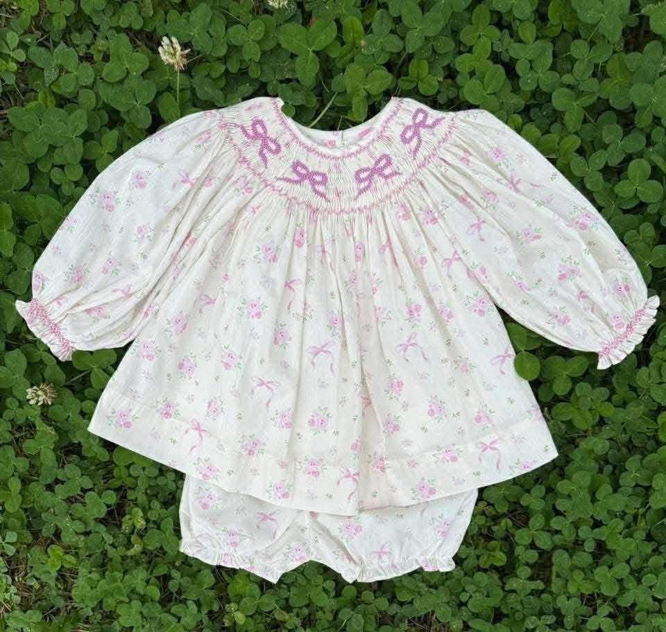 Pink Bow White Hand Smocked Dress Set