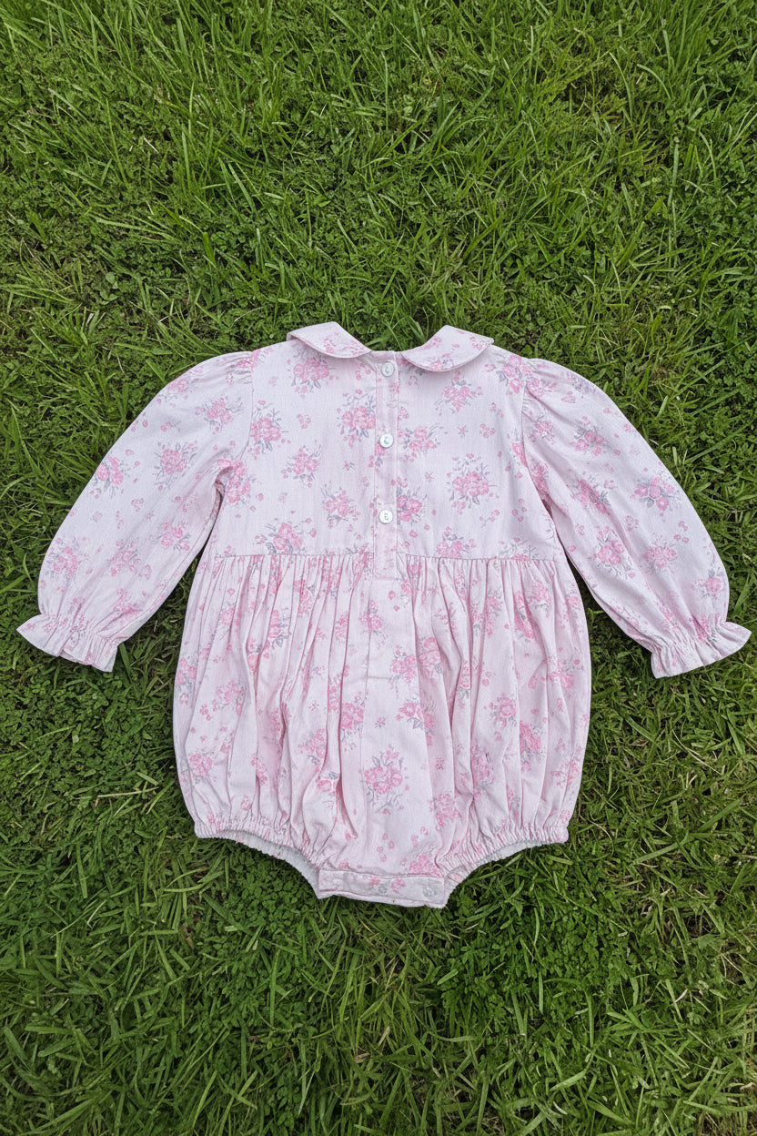 Pink Floral Bow Hand-Smocked Bubble