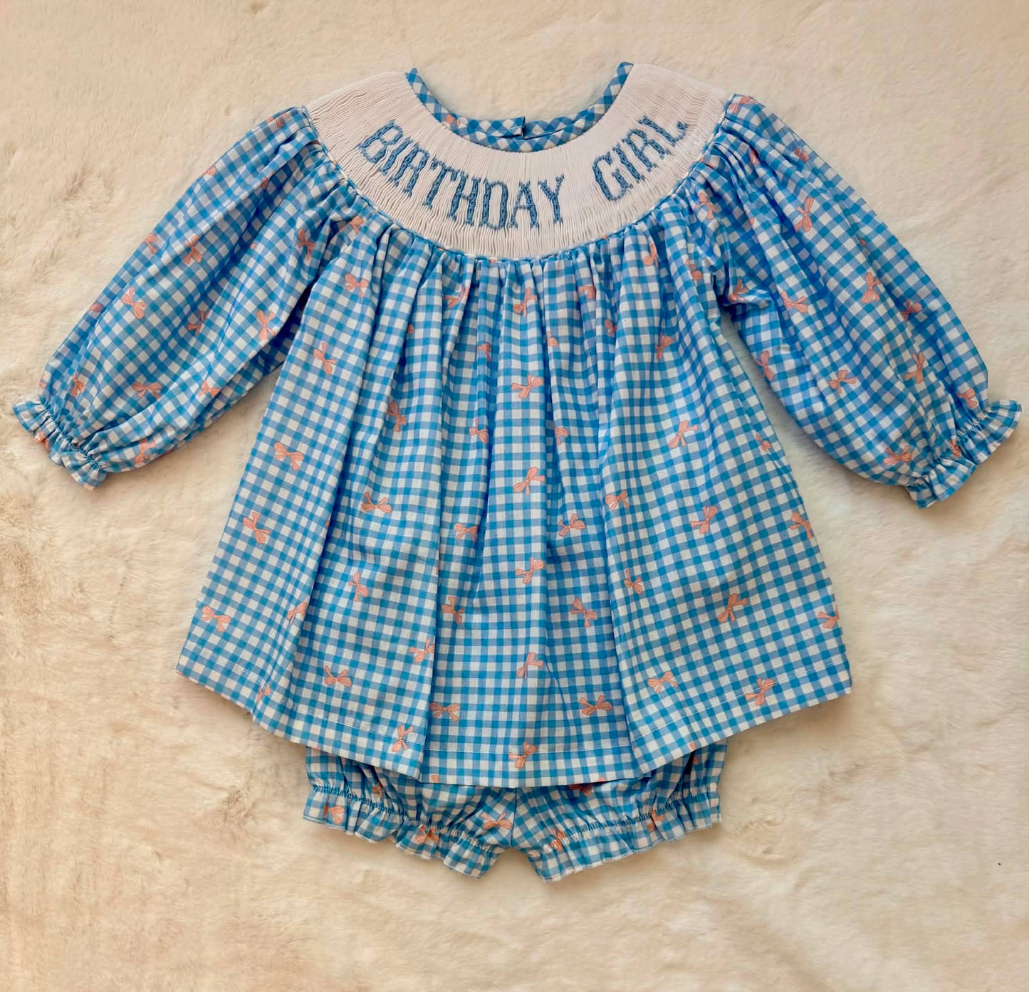 Birthday Girl Blue Hand Smocked Dress Set