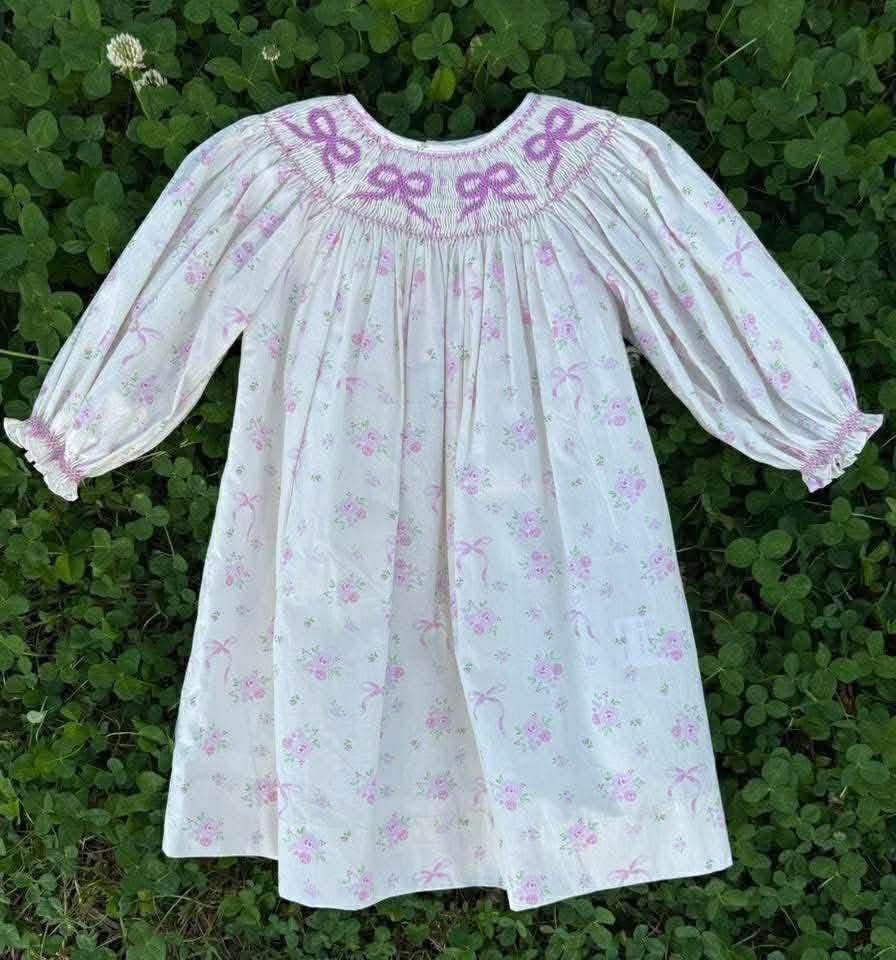 Pink Bow White Hand Smocked Dress