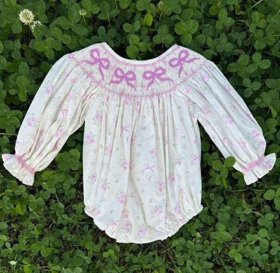Pink Bow White Hand Smocked Bubble