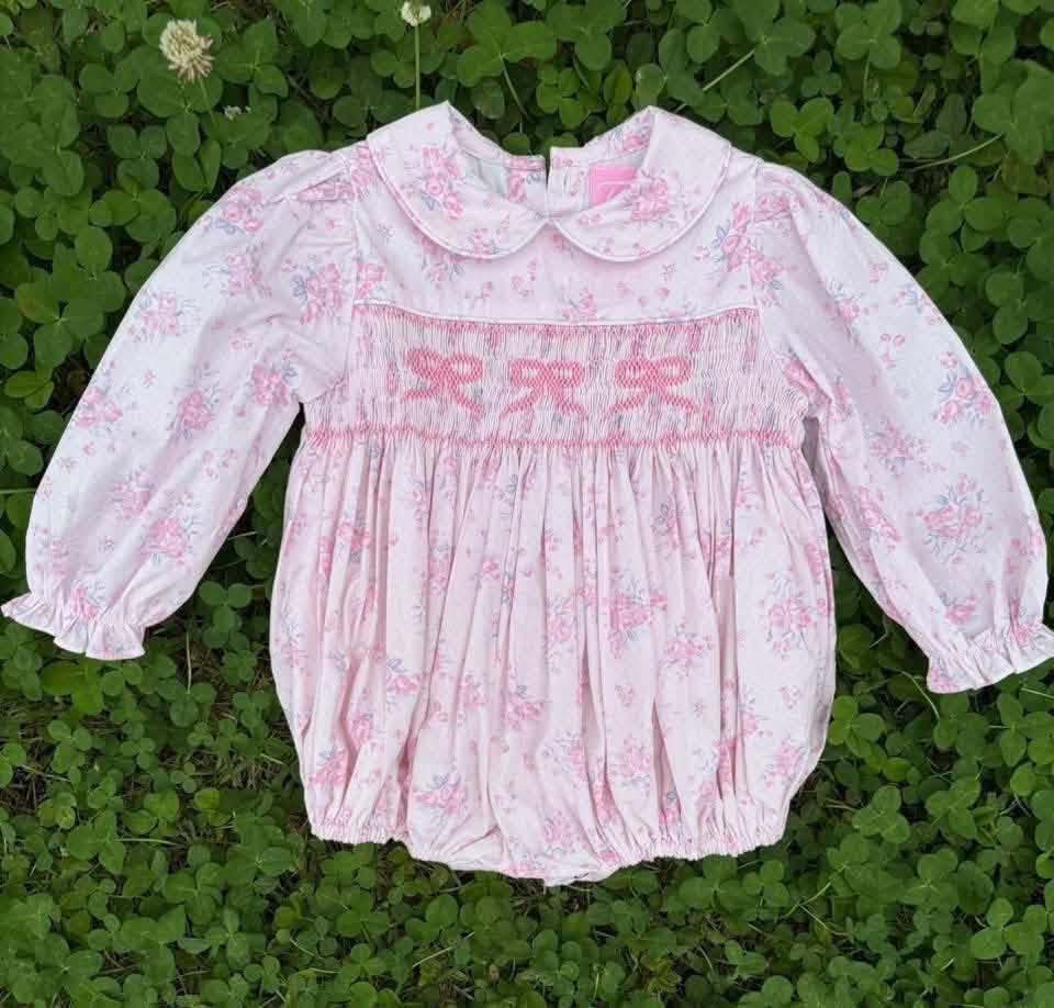 Pink Bow Hand-Smocked Bubble