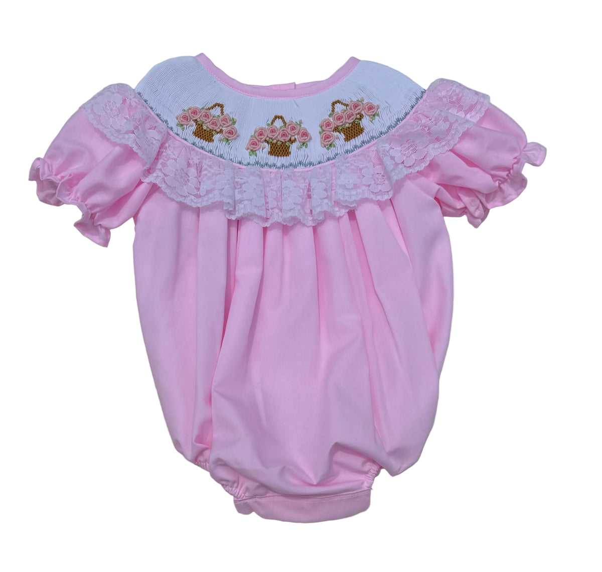 Pink Rose Basket Hand Smocked Bubble