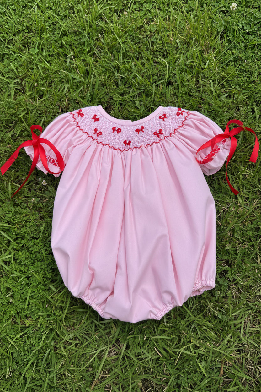 Red Ribbon Hand-Smocked Bubble