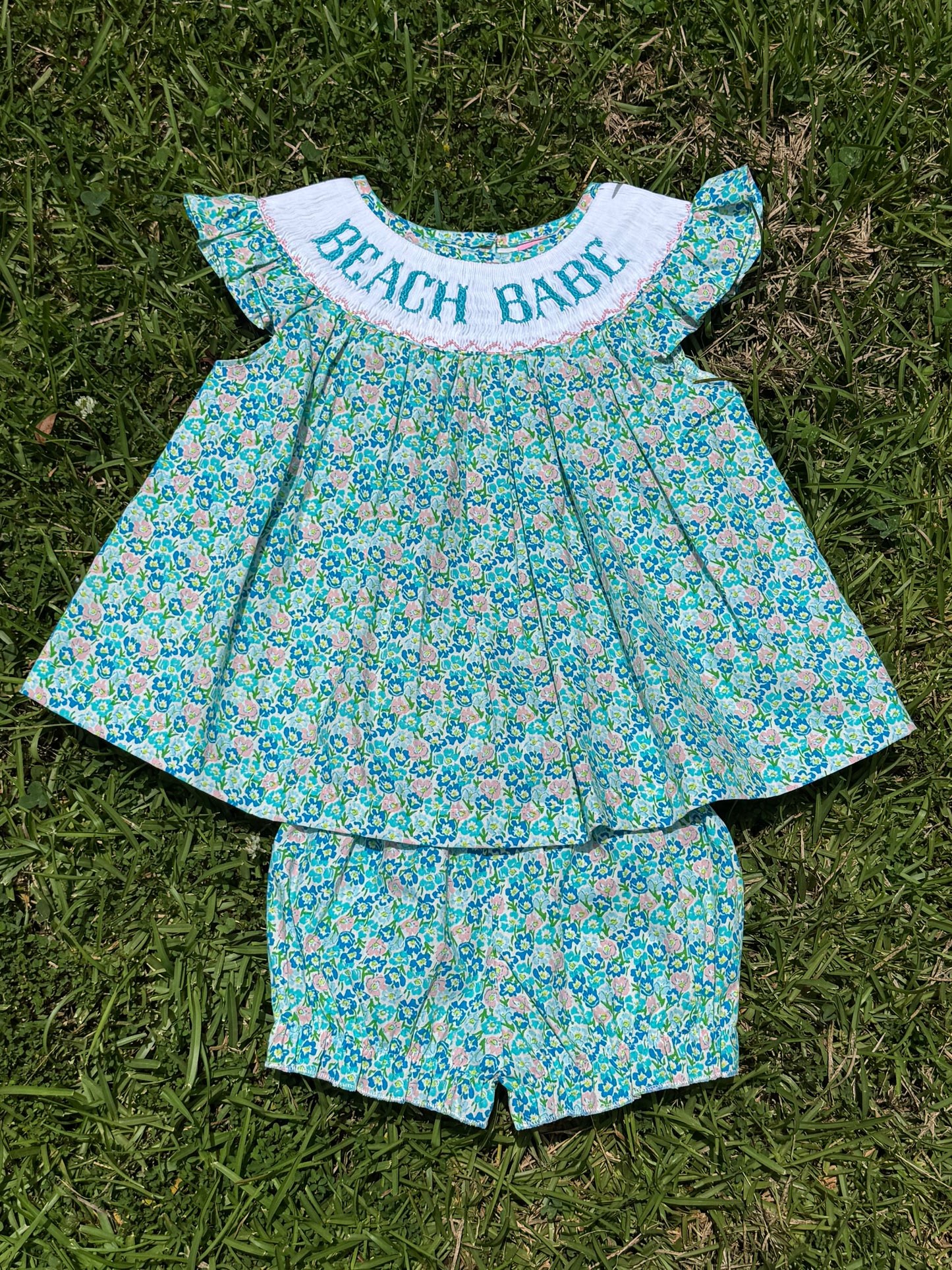 Teal Beach Babe Hand Smocked Bloomer Set