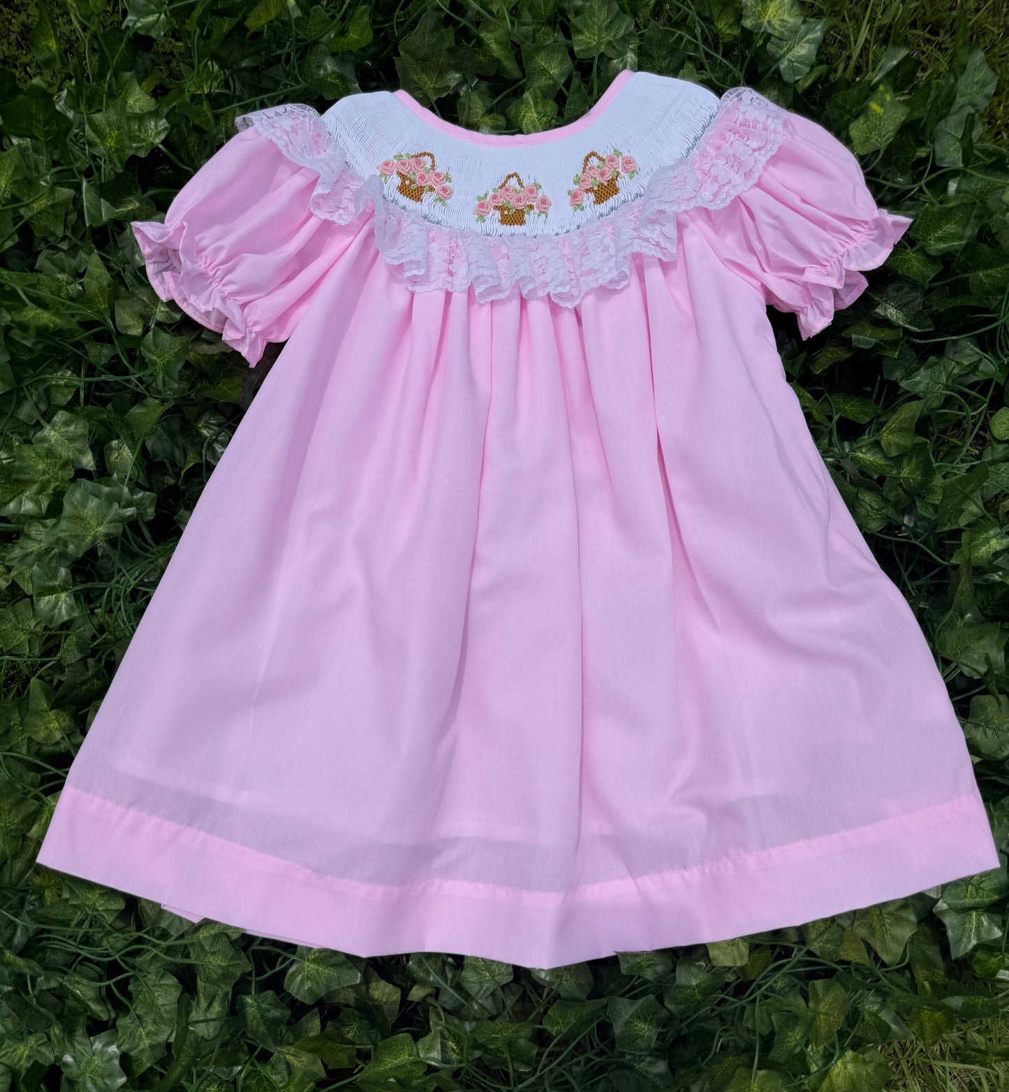 Pink Rose Basket Hand Smocked Dress
