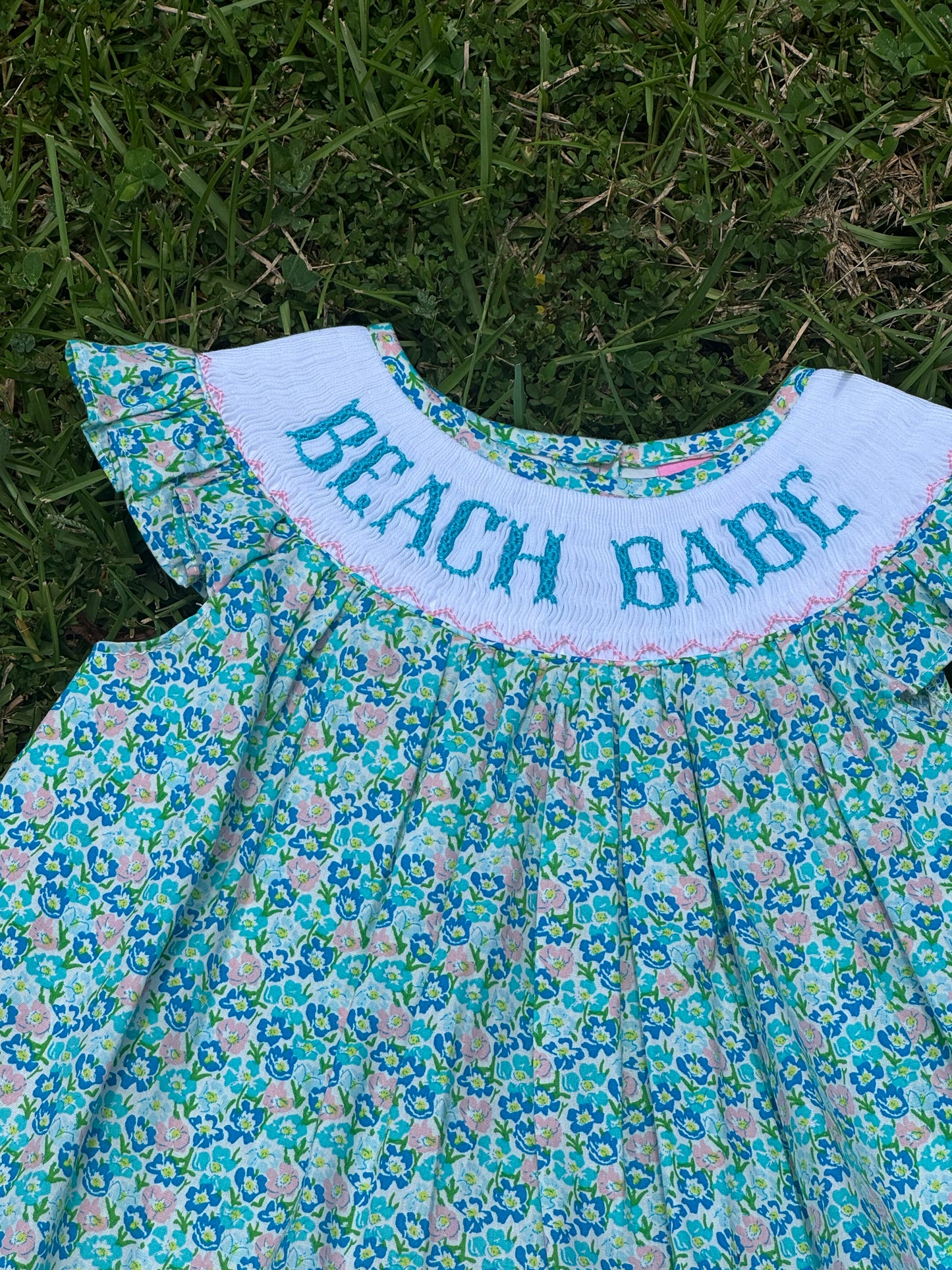 Teal Beach Babe Hand Smocked Bloomer Set