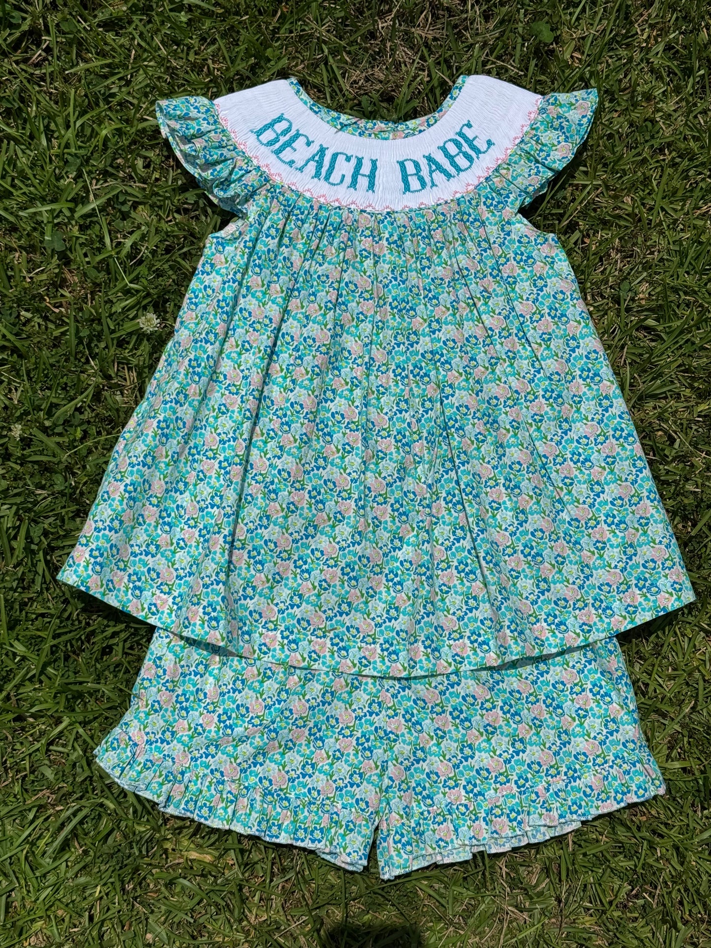 Teal Beach Babe Hand Smocked Short Set
