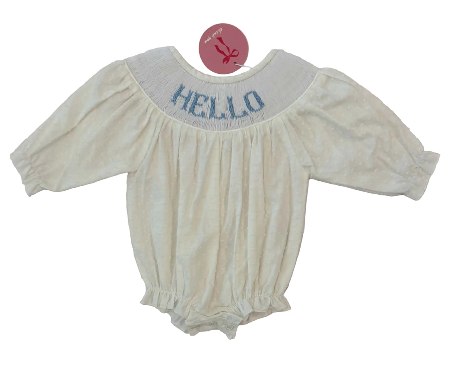 Blue Hello Hand Smocked Bubble