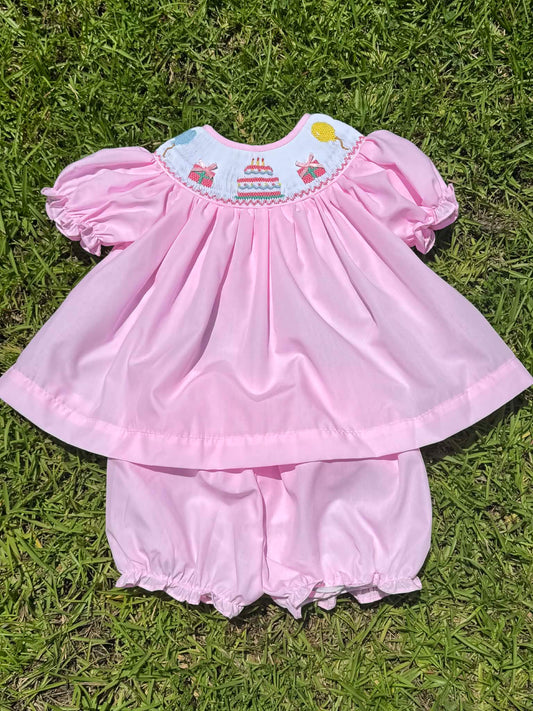 Pink Hand-Smocked Birthday Bloomer  Set