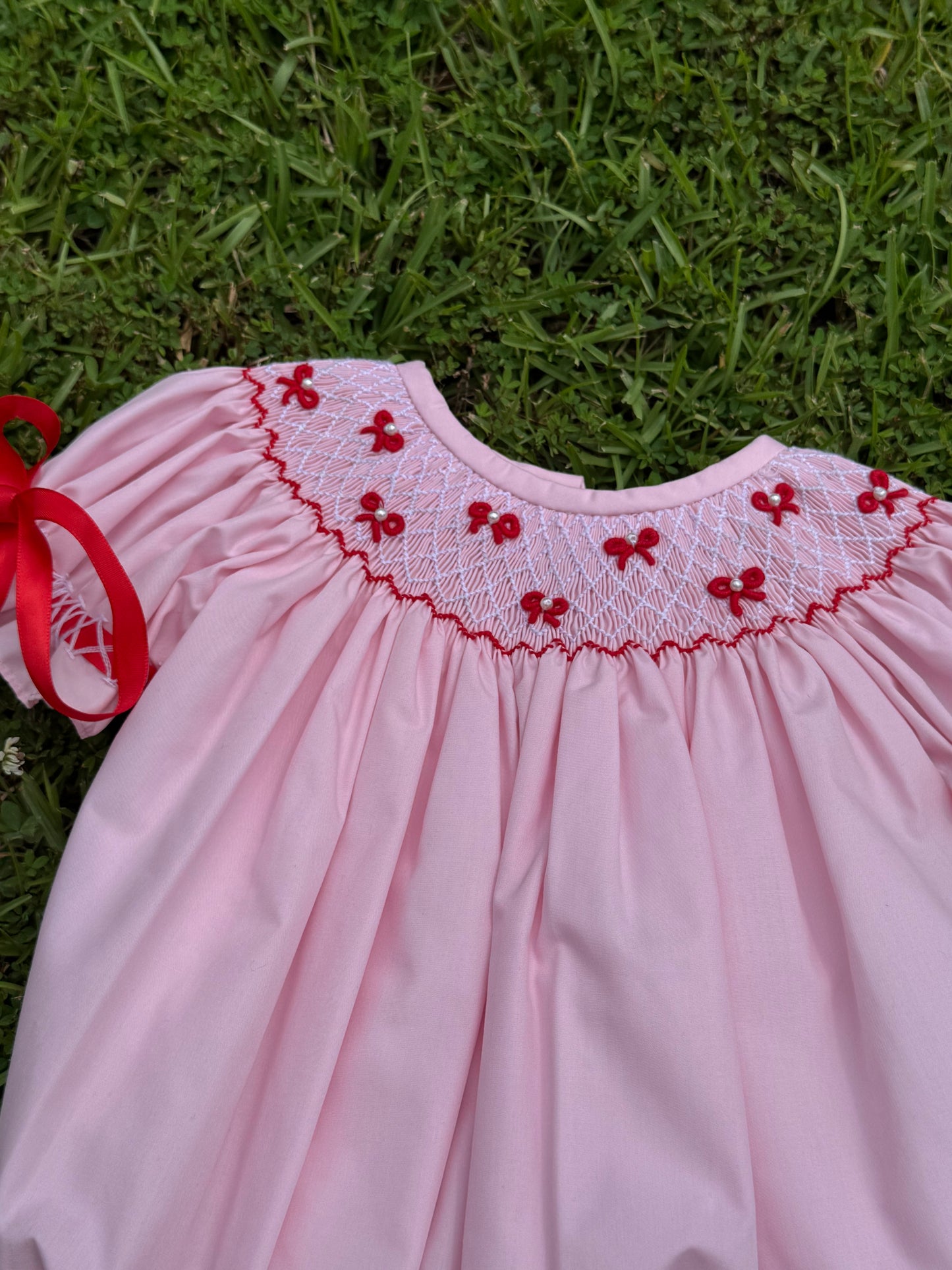 Red Ribbon Hand-Smocked Bubble
