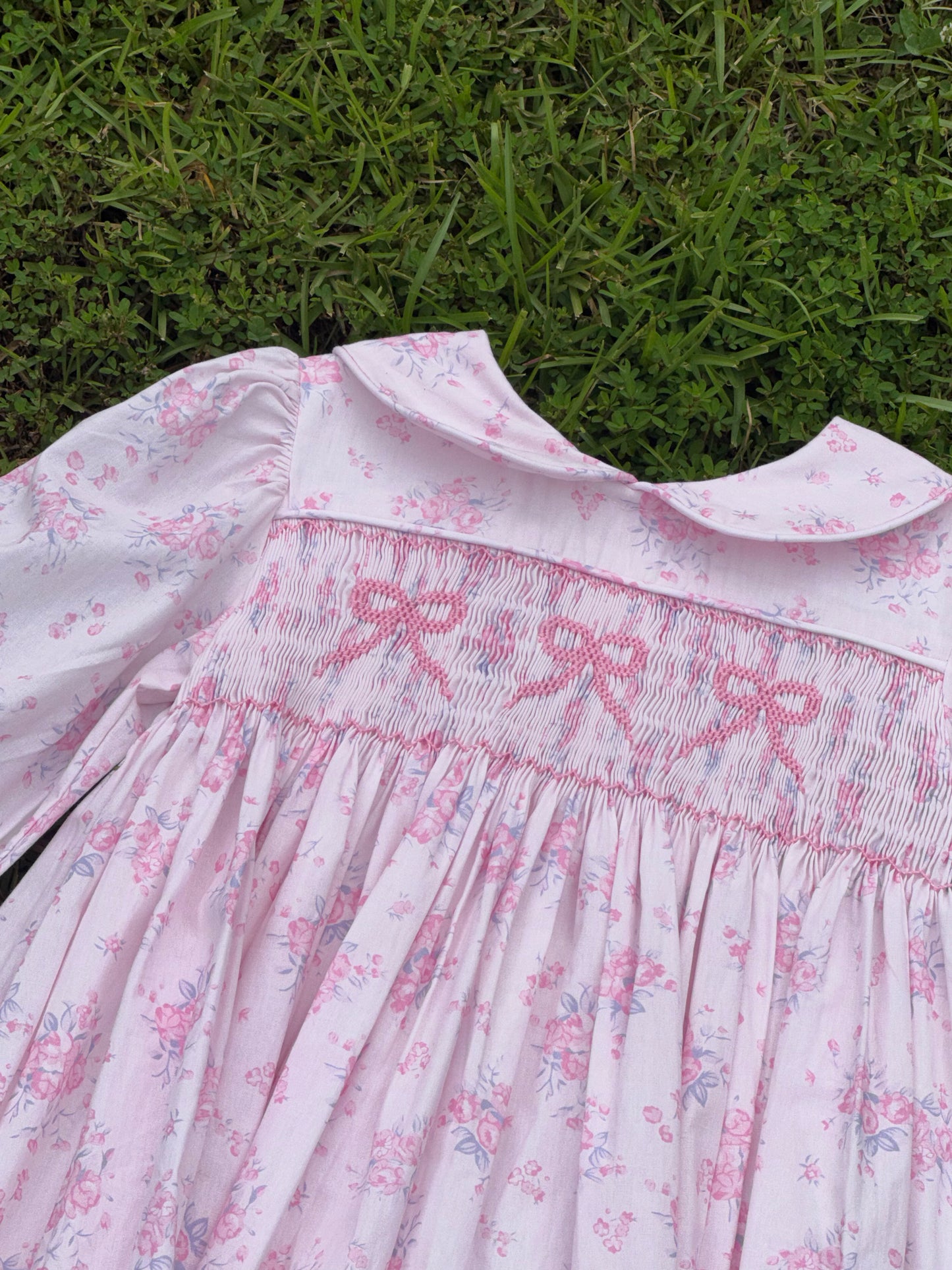 Pink Floral Bow Hand-Smocked Dress