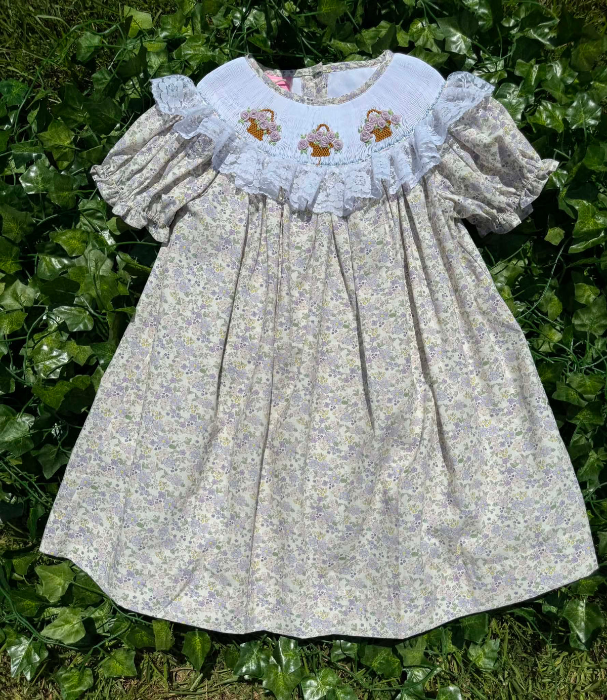 Lilac Bouquet Basket Hand Smocked Dress