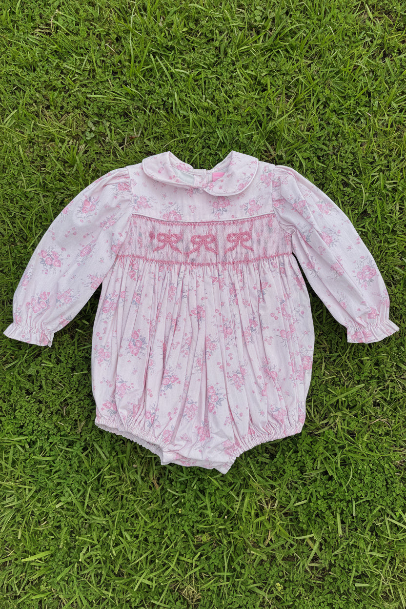Pink Floral Bow Hand-Smocked Bubble