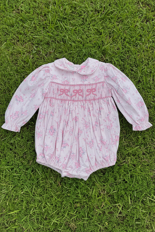 Pink Floral Bow Hand-Smocked Bubble