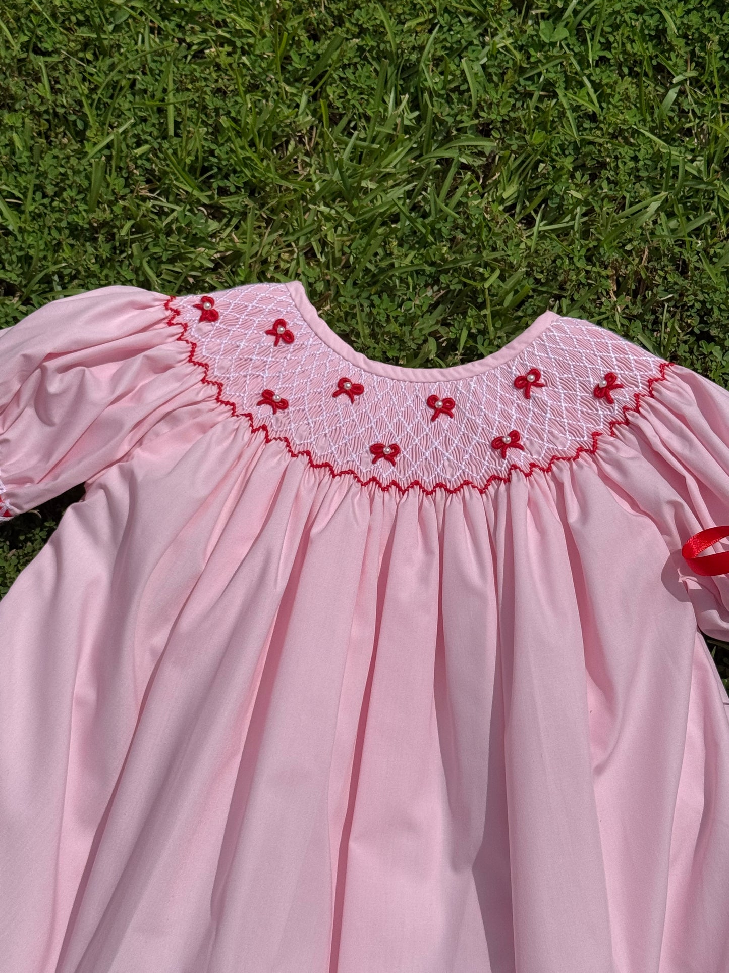 Red Ribbon Hand-Smocked Dress