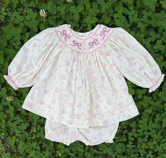 Pink Bow White Hand Smocked Dress Set