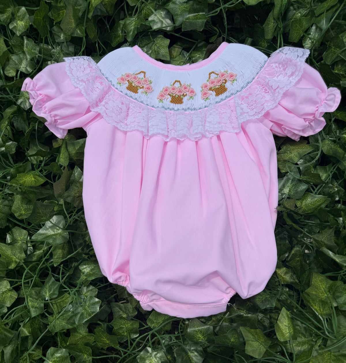 Pink Rose Basket Hand Smocked Bubble