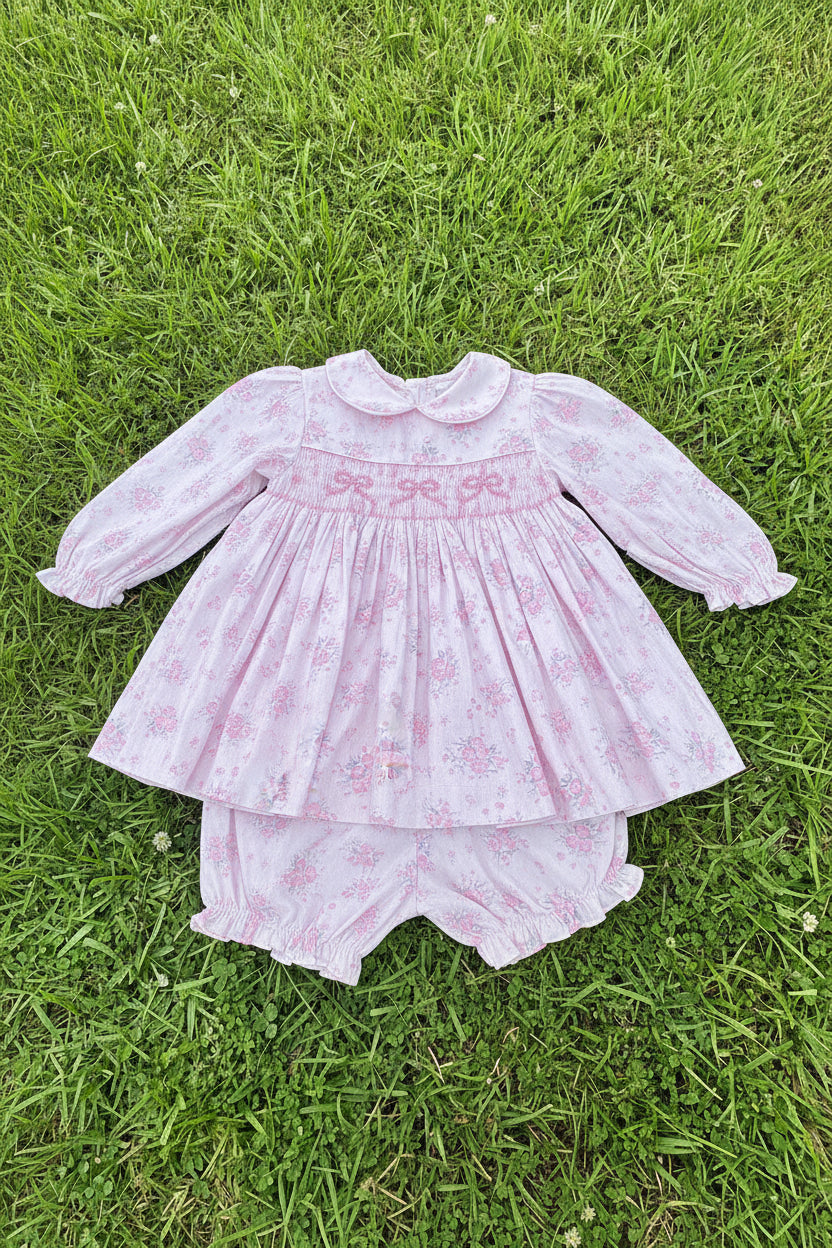 Pink Floral Bow Hand-Smocked Dress Set
