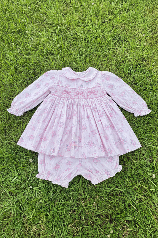 Pink Floral Bow Hand-Smocked Dress Set