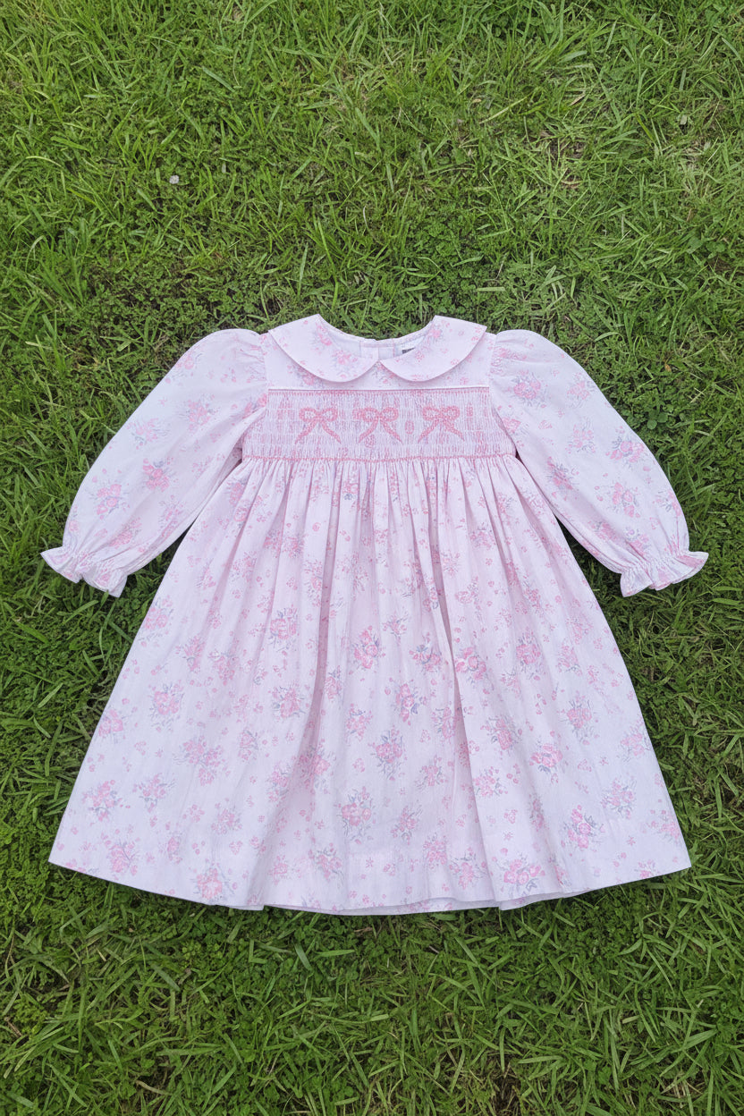 Pink Floral Bow Hand-Smocked Dress