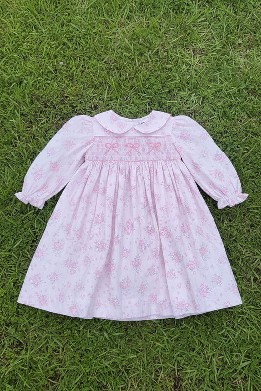 Pink Floral Bow Hand-Smocked Dress