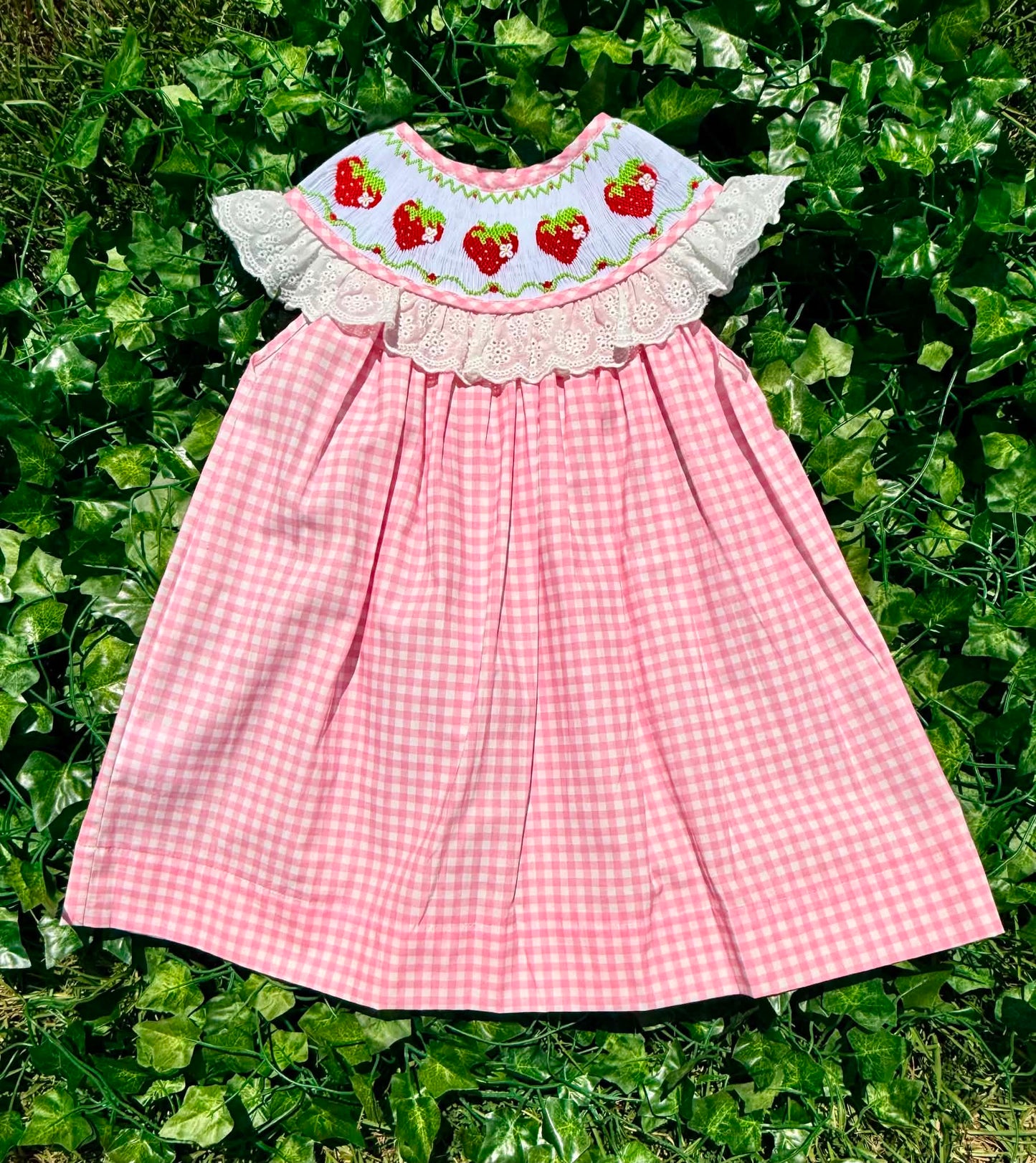 Pink Plaid Strawberry Hand Smocked Dress