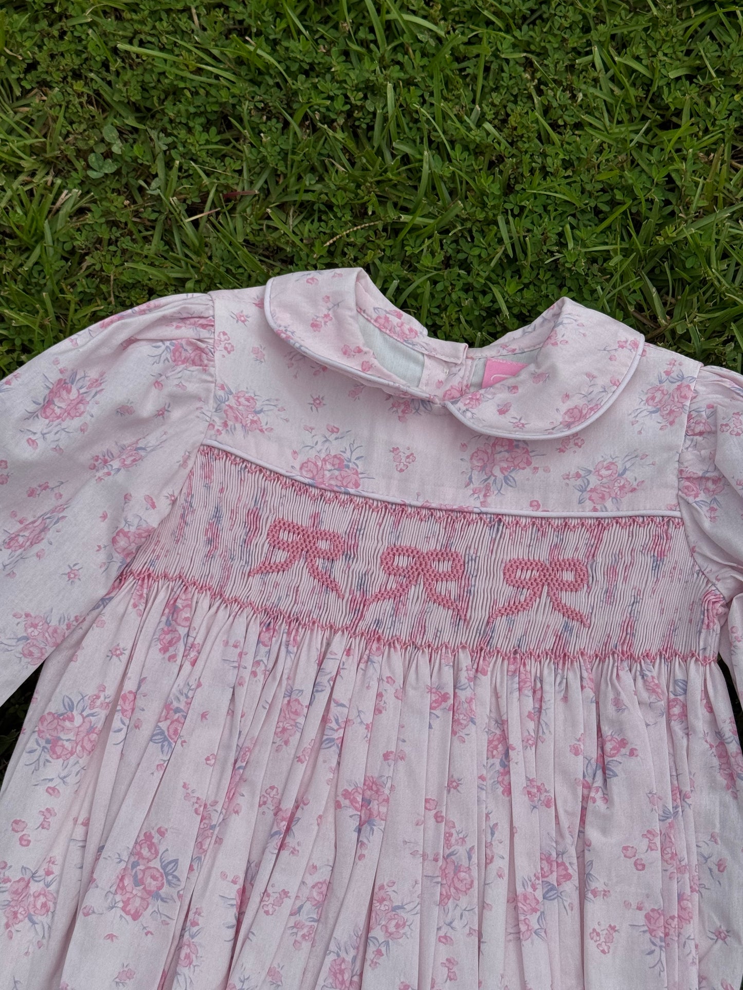 Pink Floral Bow Hand-Smocked Bubble