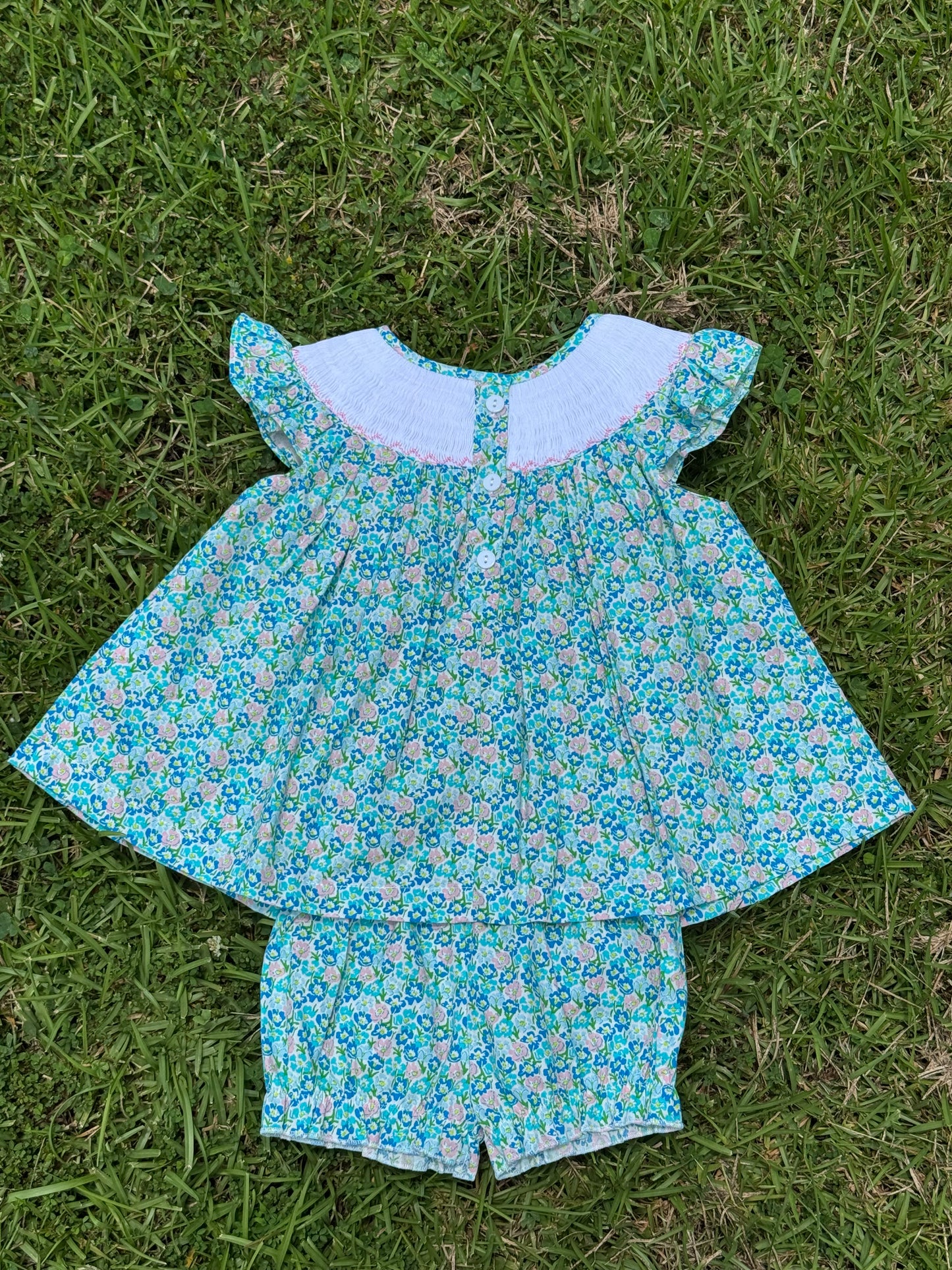 Teal Beach Babe Hand Smocked Bloomer Set