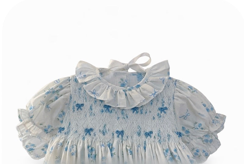 Blue Bow Hand-Smocked Bubble
