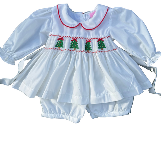 White Christmas Tree Smocked Short Set