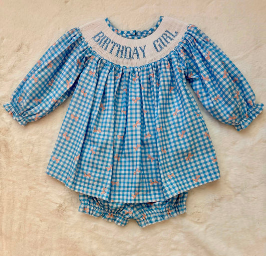 Birthday Girl Blue Hand Smocked Dress Set