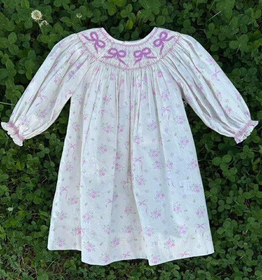 Pink Bow White Hand Smocked Dress