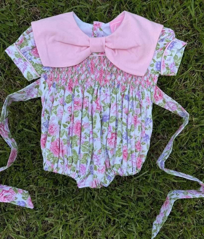 Pink Floral Hand-Smocked Bubble
