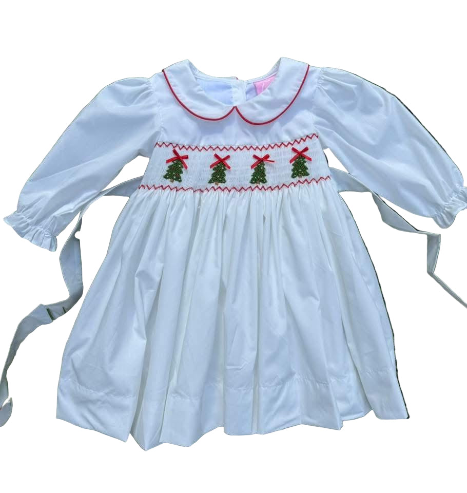 White Christmas Tree Smocked Dress