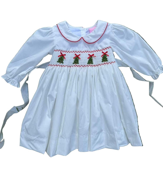White Christmas Tree Smocked Dress