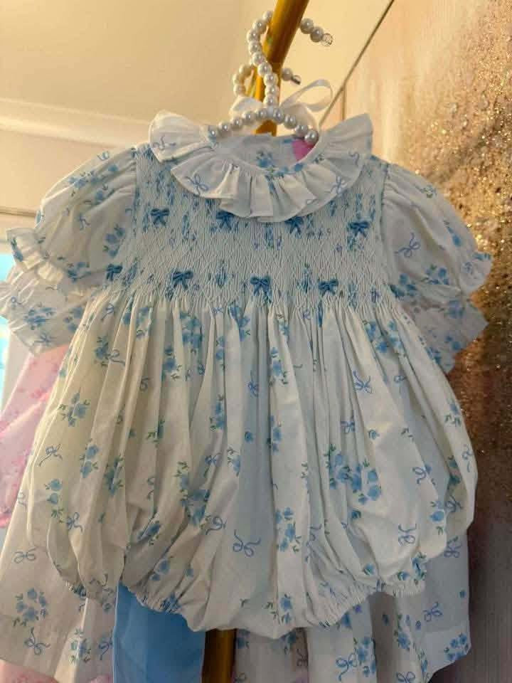Blue Bow Hand-Smocked Bubble