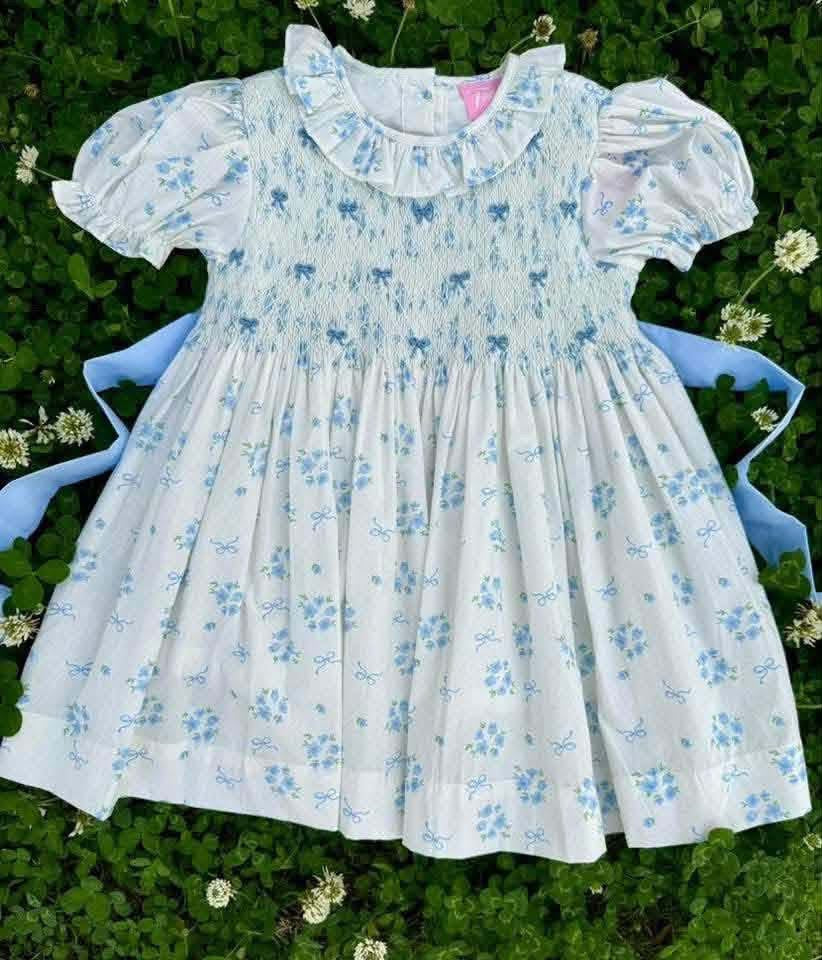 Blue Bow Hand-Smocked Dress