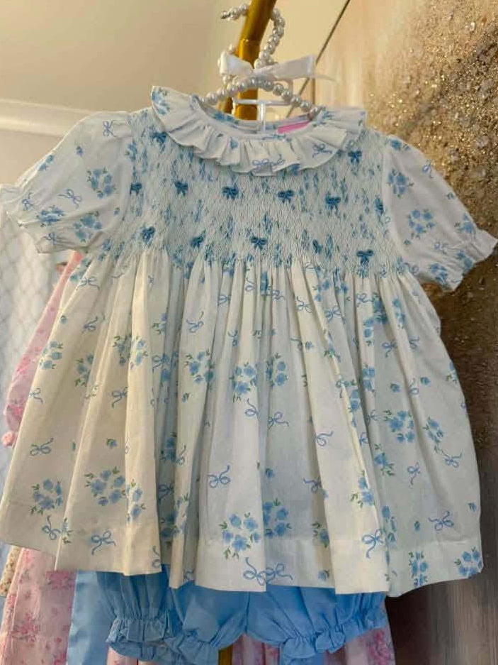 Blue Bow Hand-Smocked Bloomer Set